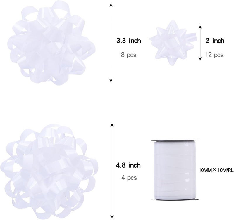 FORBINBO 25 Pcs Gift Bows Assortment - 3 Size Gift Bowsand 1 Crimped Curling Ribbons, Perfect for Christmas, Holiday，Birthdays, Weddings, Baby/Bridal Showers, Party (White) - Image 3